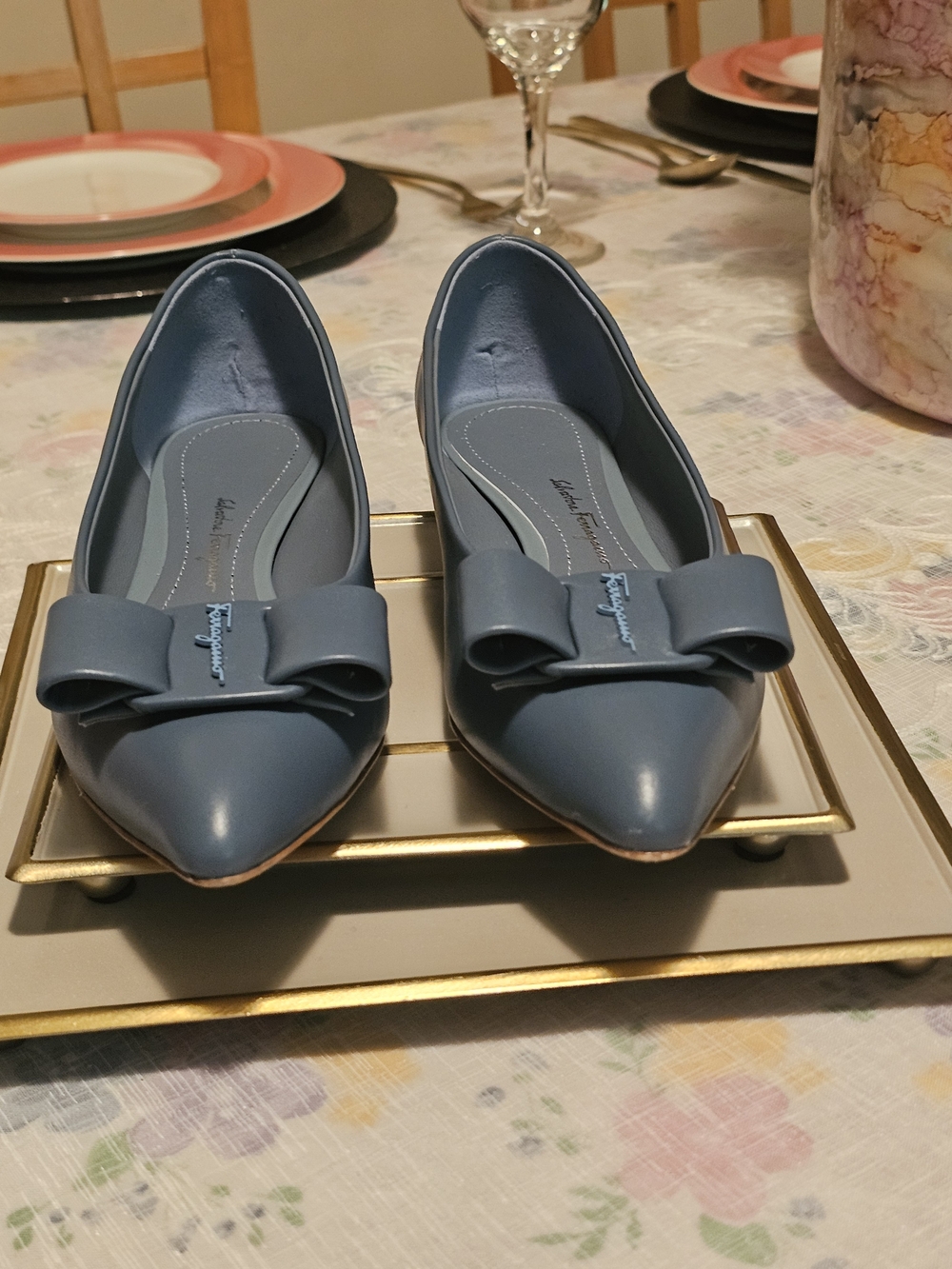 Salvatore Ferragamo Slate Blue Bow Pointed-Toe Flats. 9W Open To Offer